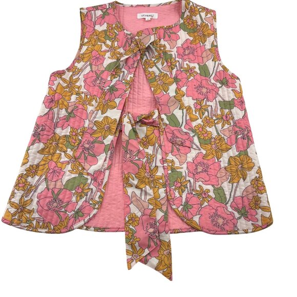 VeveRet Floral Quilted Vest Sleeveless Pink Multi-Color Small Polyester Cotton - Picture 1 of 5